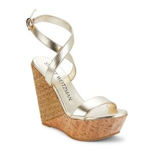 STUART WEITZMAN 5050 Open-Toe Metallic Platform Wedge Sandals in Platinum Size 9